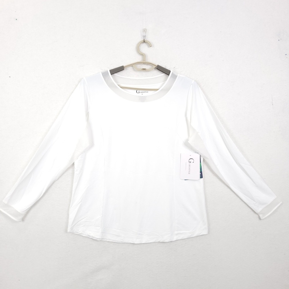 G Lifestyle Golf Top XL White Long Sleeve Mesh Trim Athletic UPF 50+ Activewear